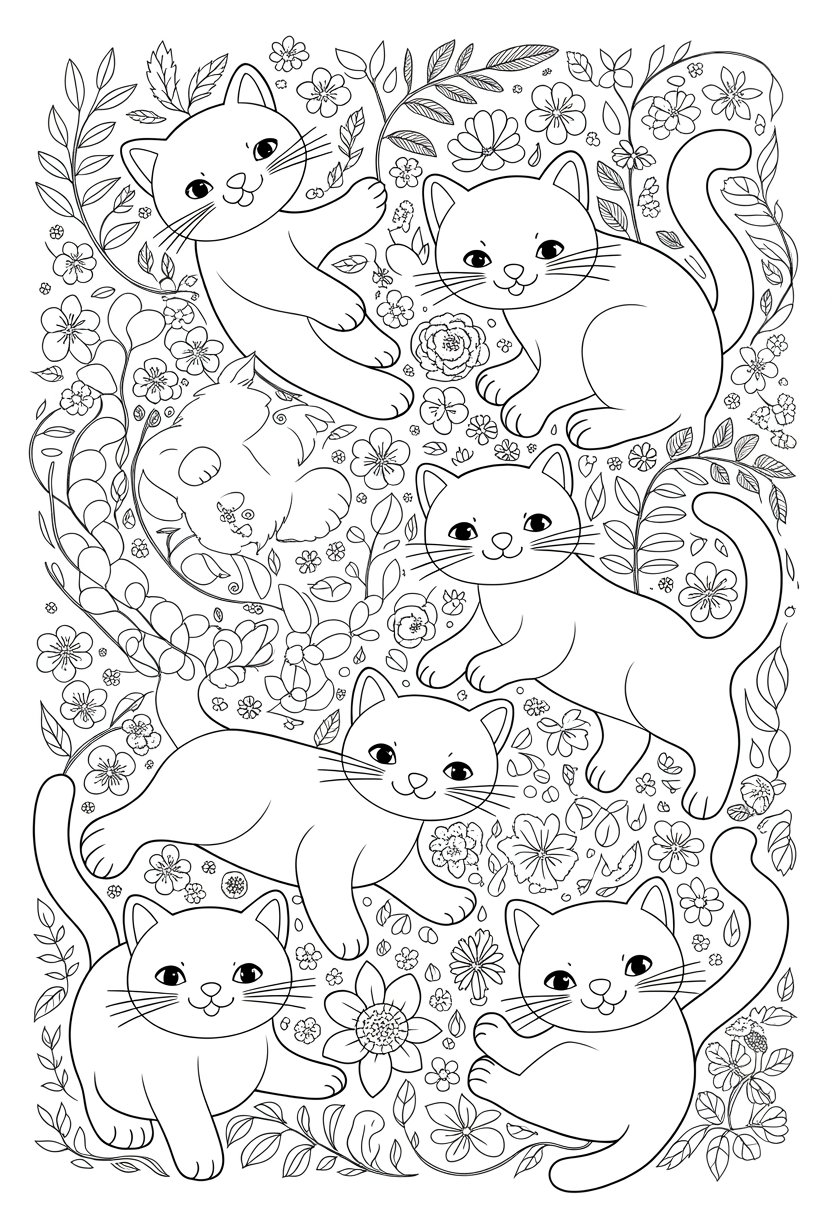 Printable Cute Cat Coloring Pages 20 Best Designs for All Ages 32 Several cats sitting and playing among flowers and leaves.